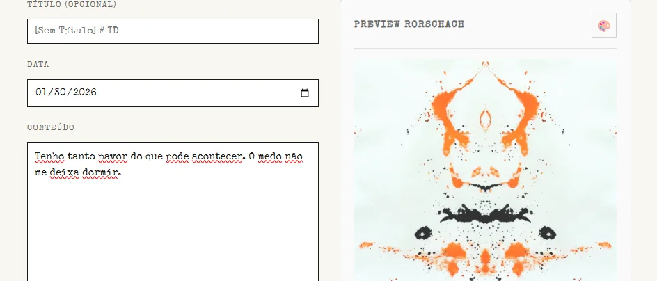 Diário de Tinta — editor com pré-visualização da mancha Rorschach gerada por IA