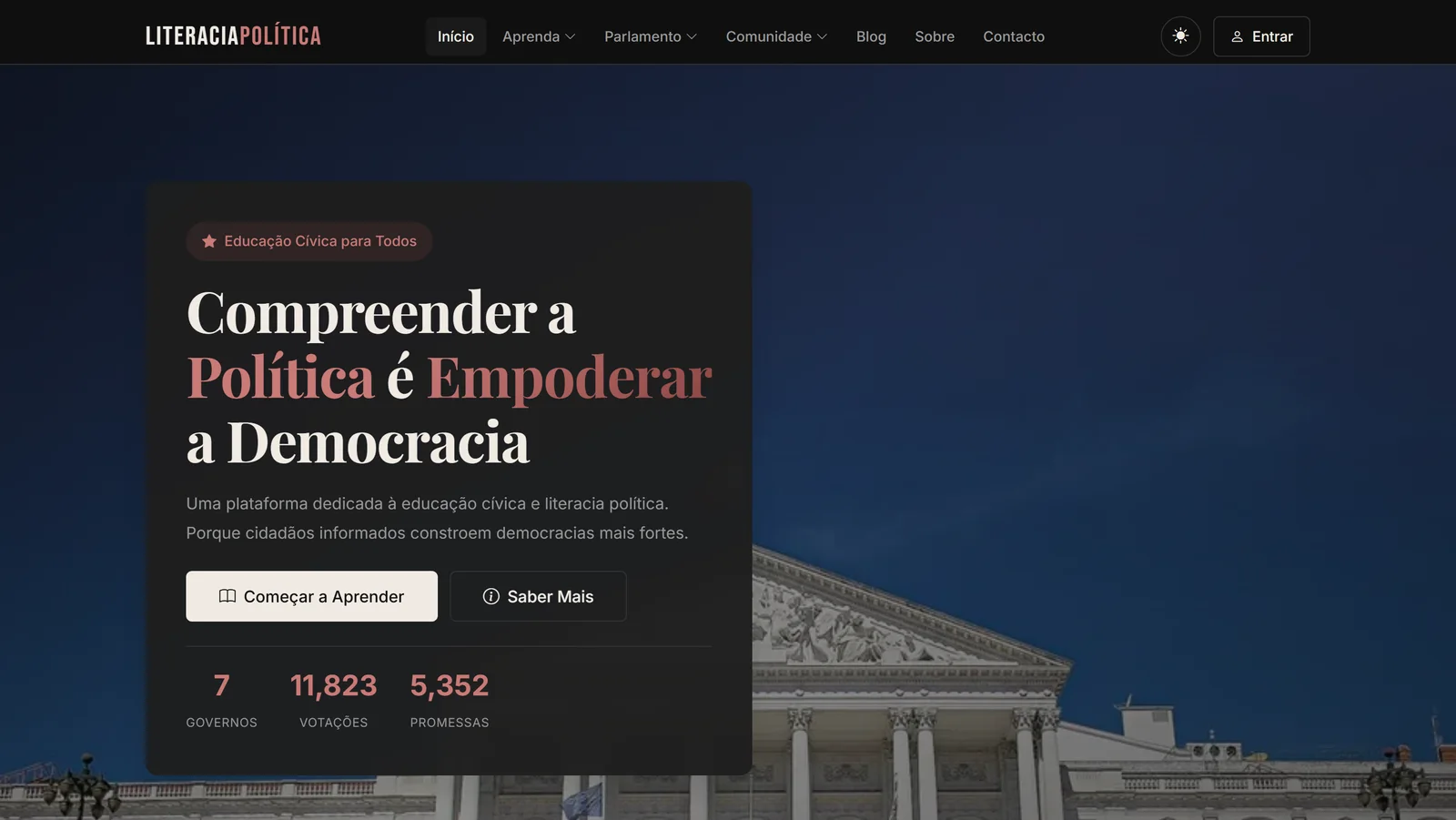 Literacia Política — plataforma de educação cívica com 11.823 votações parlamentares seguidas