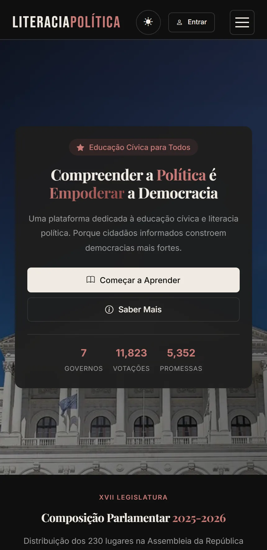 Literacia Política no telemóvel — composição parlamentar e votações em versão mobile