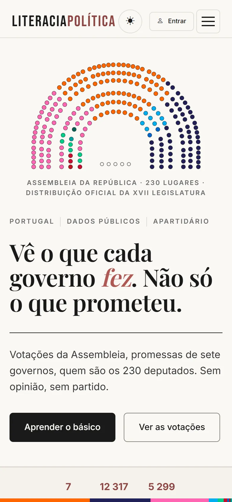 Literacia Política no telemóvel — hemiciclo parlamentar e resumo em versão mobile